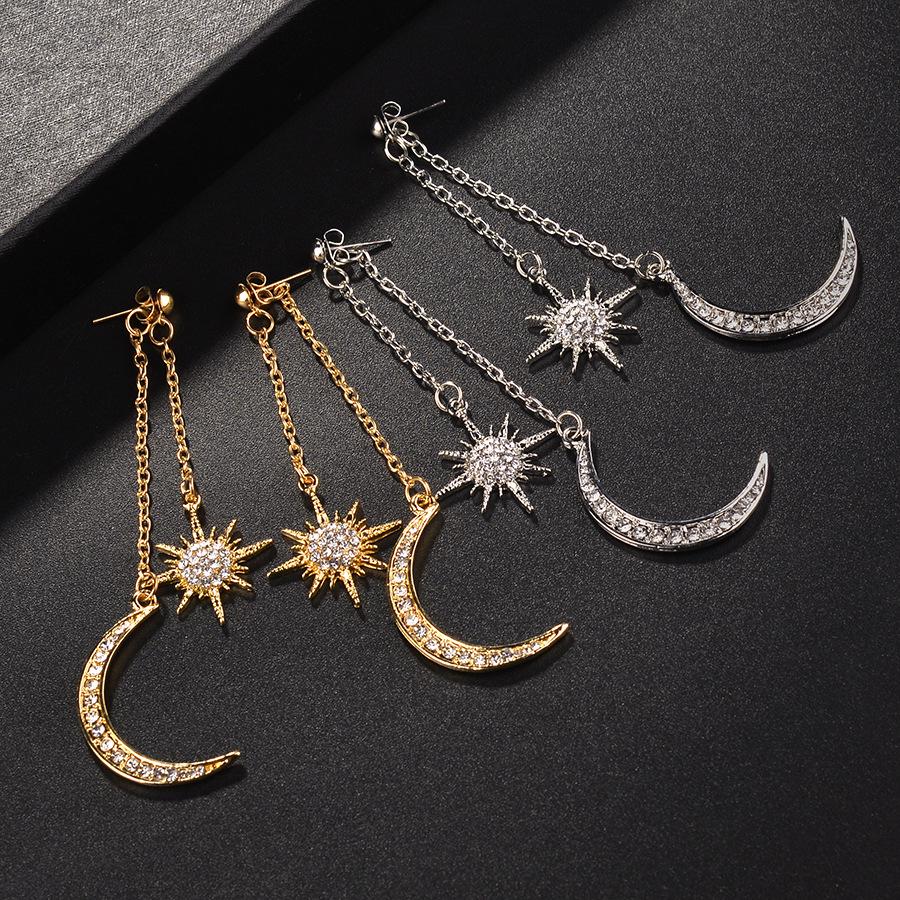 European-American Rhinestone Crystal Tassel Sun & Moon Stud Earrings