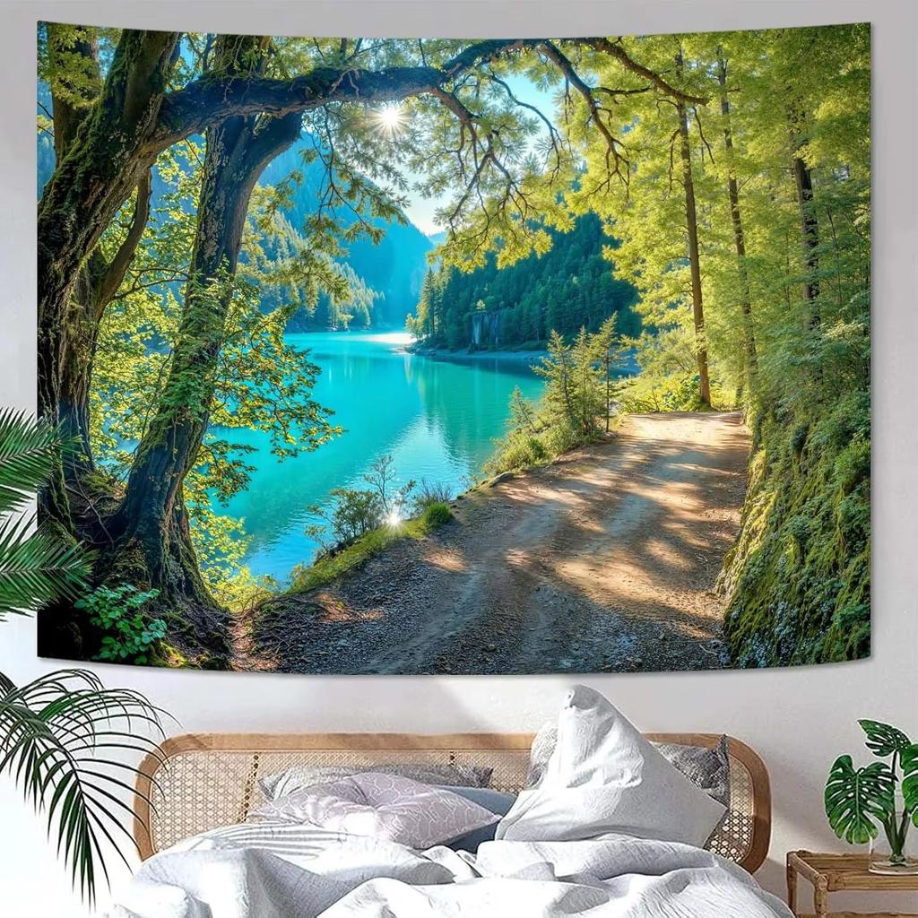 Zussun Natural Forest Tapestry Green Tree Wall Tapestry Bedroom Aesthetic Plant Stream Pool Landscape Small Tapestry Wall Hangin