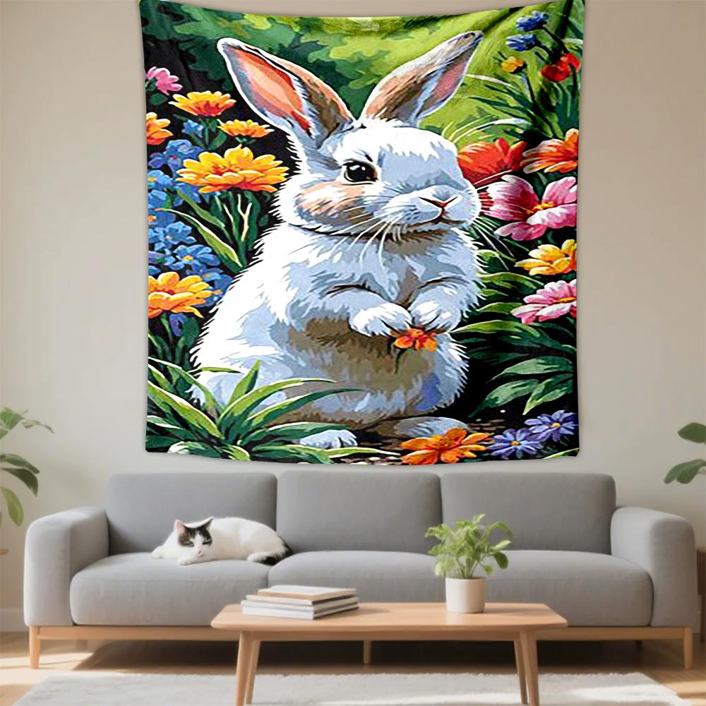 Cute White Bunny with Colorful Flowers Patterned Tapestry for Bedroom and Living Room Home Decor