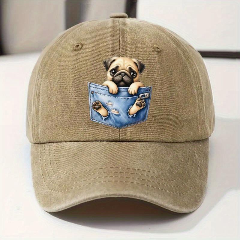 A Cute Dog Pattern Design Adjustable Vintage Washed Baseball Cap, Suitable for Street Outdoor Fashion for Both Men and Women