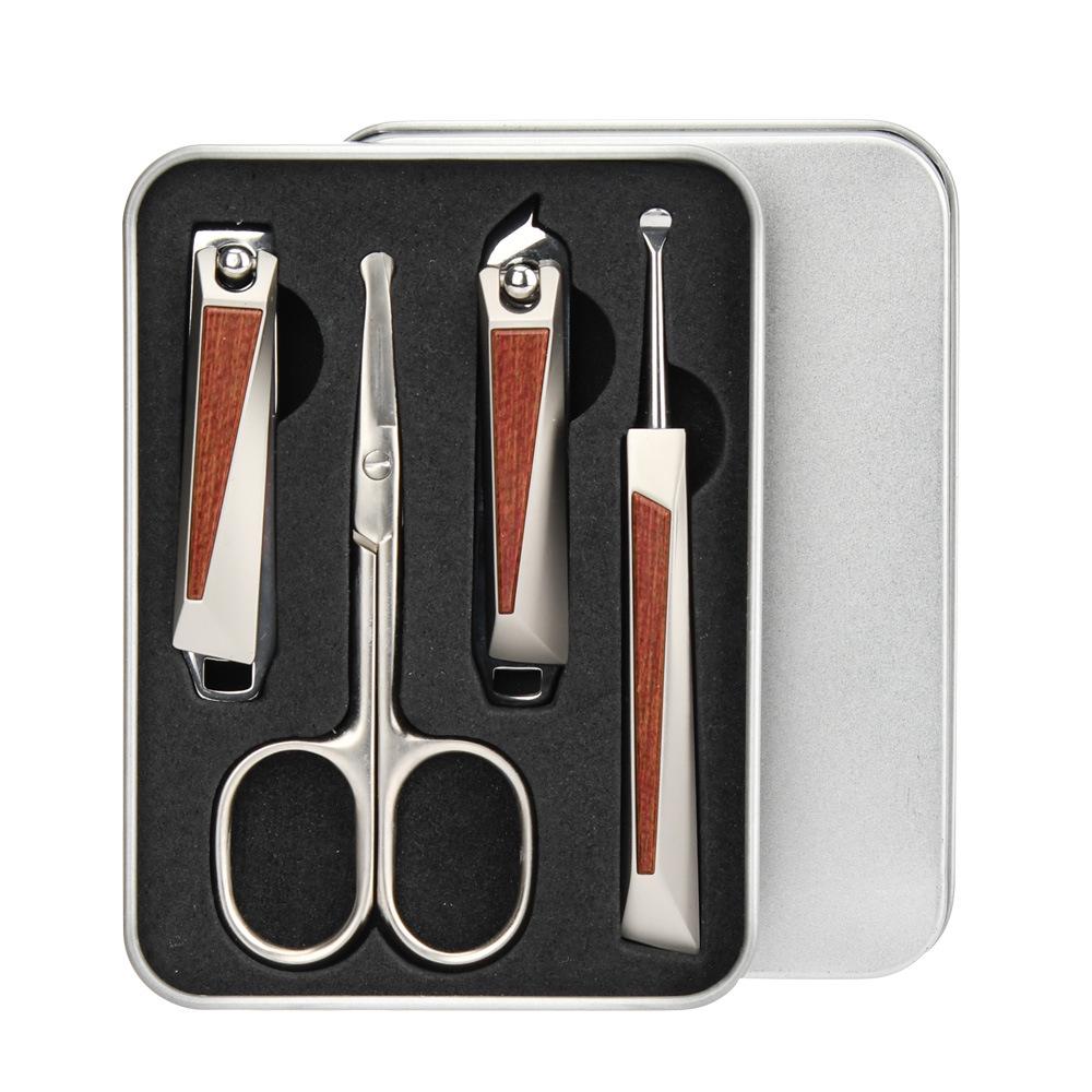 4-Piece Stainless Steel Grooming Set: Nail Clippers, Round Head Nose Hair Trimmer, Ear Pick, in a Gift Iron Box
