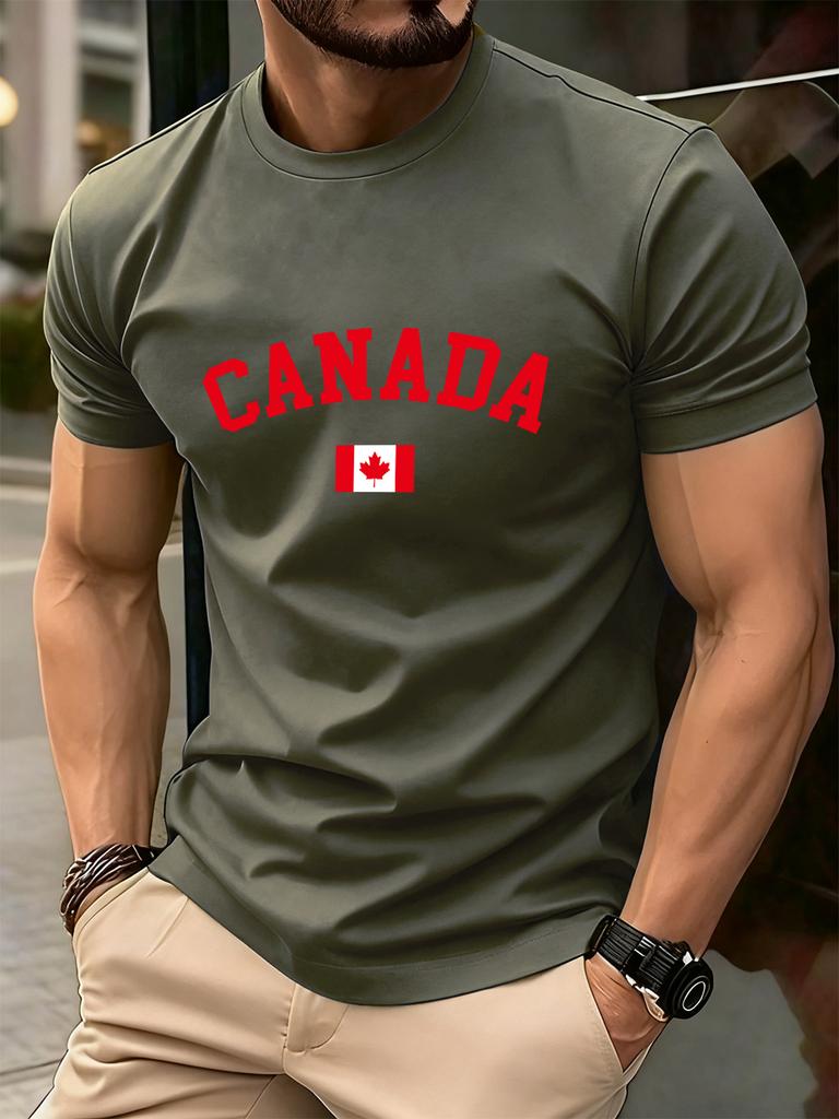 Kanada Text Med Flagga Tryckt Bomulls T-shirts HerrS Sommar Kortärmad T-shirt Mjuk Överdimensionerad Rundhalsad Toppar Grundläggande Herrkläder