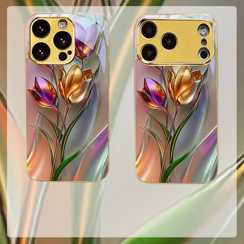 Glossy Metallic Flower Electroplated Golden Phone Case For iPhone 17 16 15 14 13 12 11 Pro Max Plus 16E 17Air 7 8 X Glass Cover