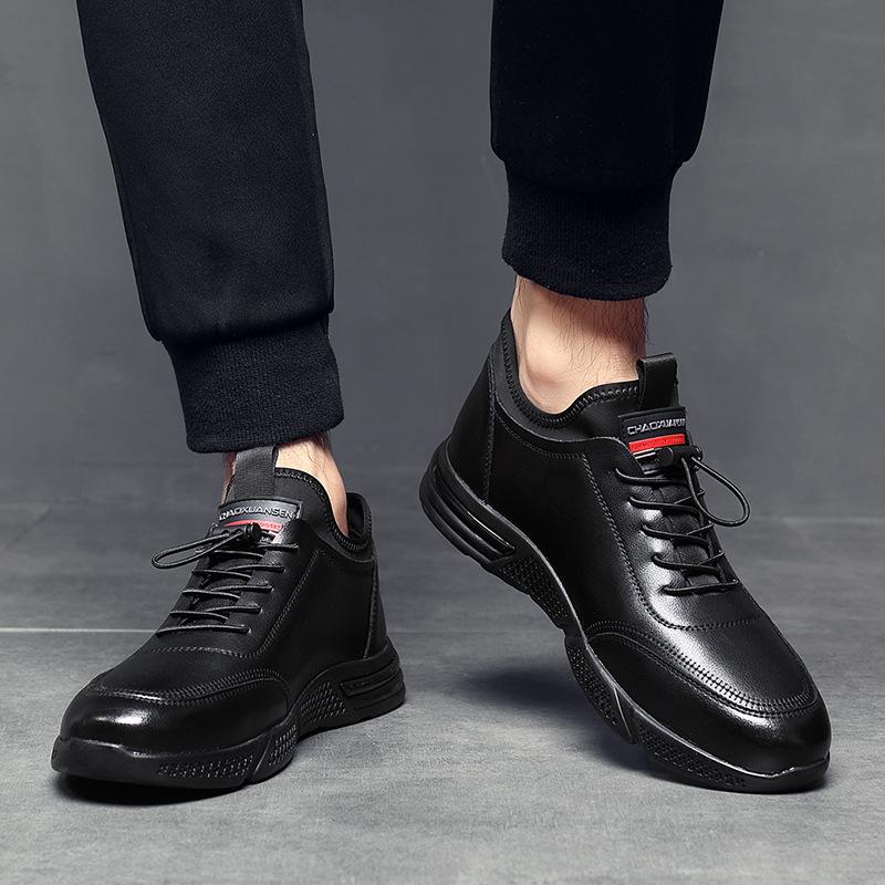 Sneakers men's 2025 autumn and winter new men's black cowhide velvet inner height-increasing casual leather shoes