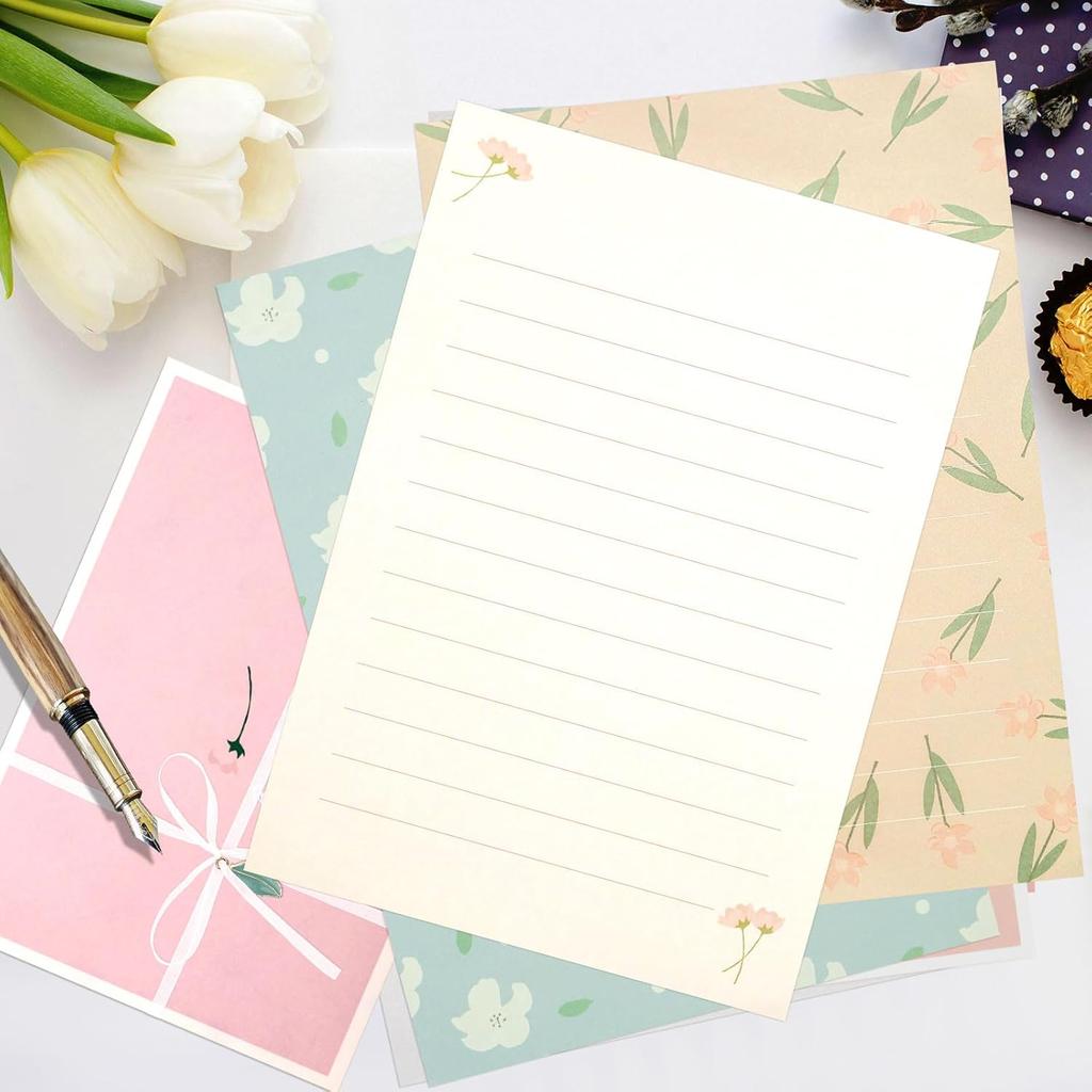 48 PCS Stationery Paper and Envelopes Set,Cute Floral Stationary Set for Writing Letters,Double Sided Printing,Letter Writing Kit