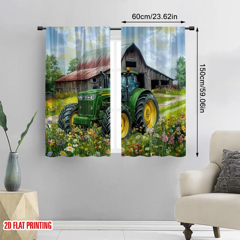 2 ks, 2D potisk Vzorové závěsy Farmářský traktor Odolná 100% polyesterová tkanina (bez tyče) Domácí dekorace pro kuchyň obývací pokoj