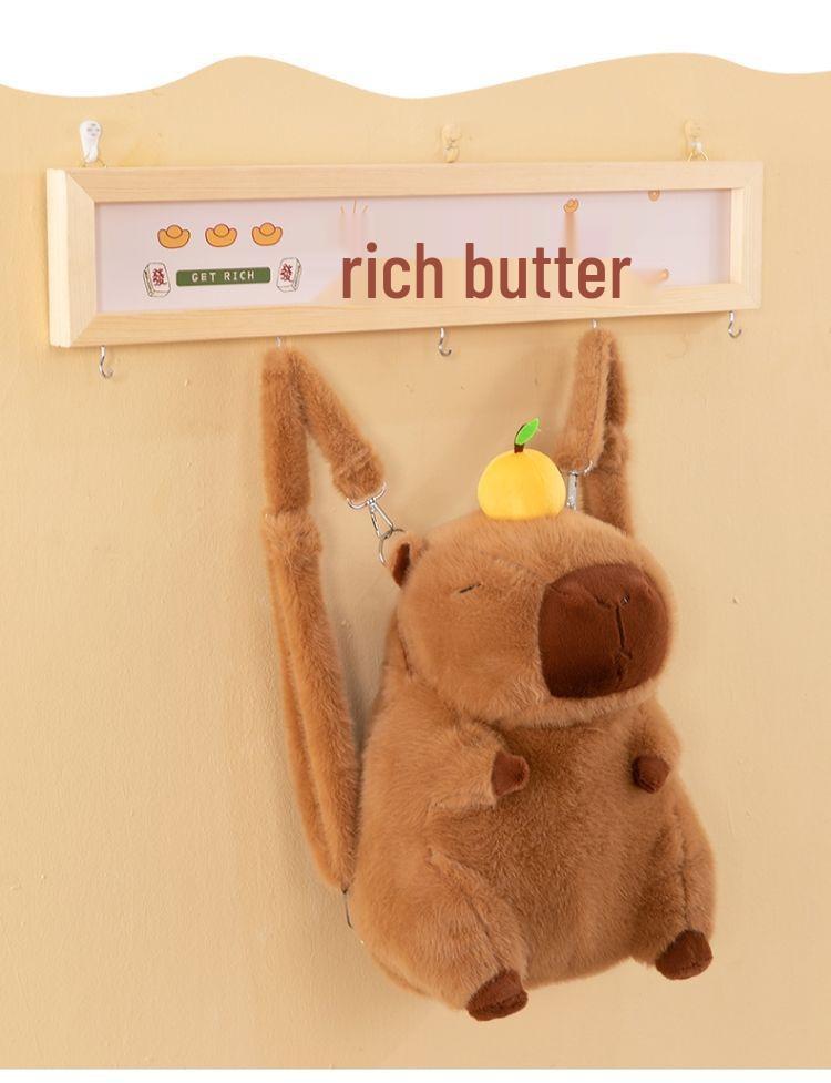 Capybara Cartoon Orange Plush Backpack: Women's Large Fuzzy Double Shoulder Bag