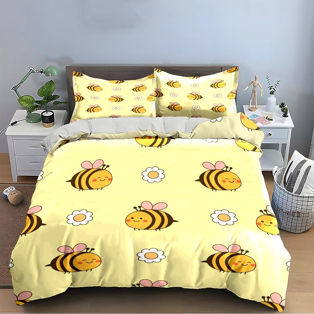 Süßes Cartoon-Bienen- und Gänseblümchen-Bettwäscheset Bettwäscheset (1 Bettbezug, 2 Kissenbezüge, Bettdecke nicht enthalten)