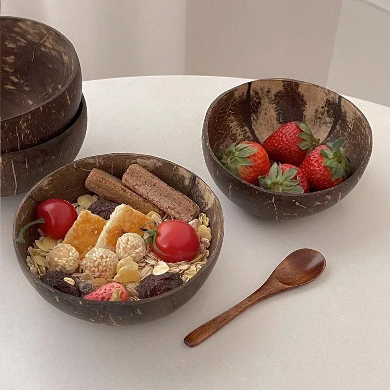 Natural Coconut Bowl Wooden Handmade Coconut Bowl Dinnerware Set Handmade Spoon for Desserts Fruit Salad Kitchen Utensils