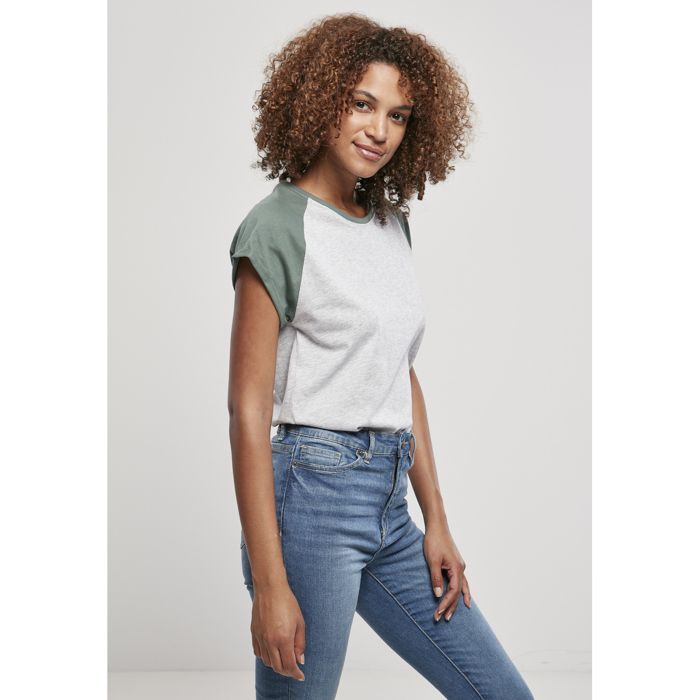 T-shirt Femme - Urban Classics - Raglan Contrasté - Gris Clair/vert - Manches Courtes - Coupe Loose