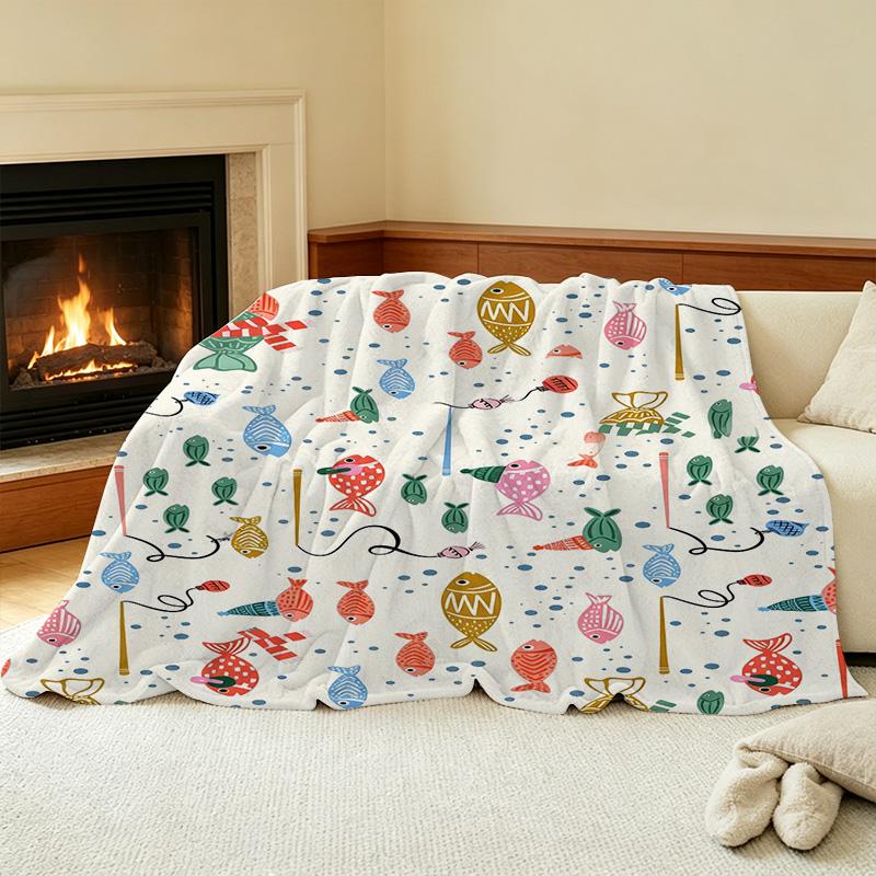 Soft Cozy Solid Flannel Throw Blanket – Cute Cartoon Fish Pattern, Warm for Home, Sofa, Halloween, Christmas, Daily Casual Use