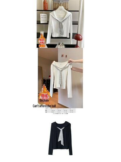 Korean Style Drop Shoulder Naval Collar Long Sleeve Top for Women, Slim Fit Flowy Ribbon Design, Perfect for Spring/Autumn.