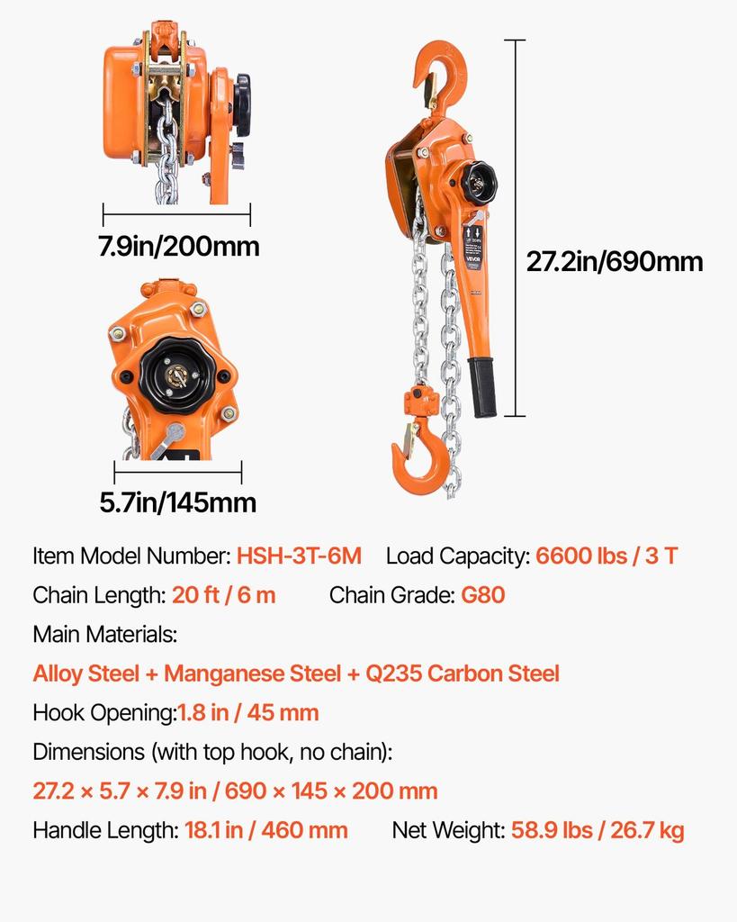 Manual Lever Chain Hoist, 3T 3000KG Capacity Heavy Duty Come Along, 6M Lift G80 Alloy Steel Chain With Dual Pawl Mechanical Brake, 360° Rotating