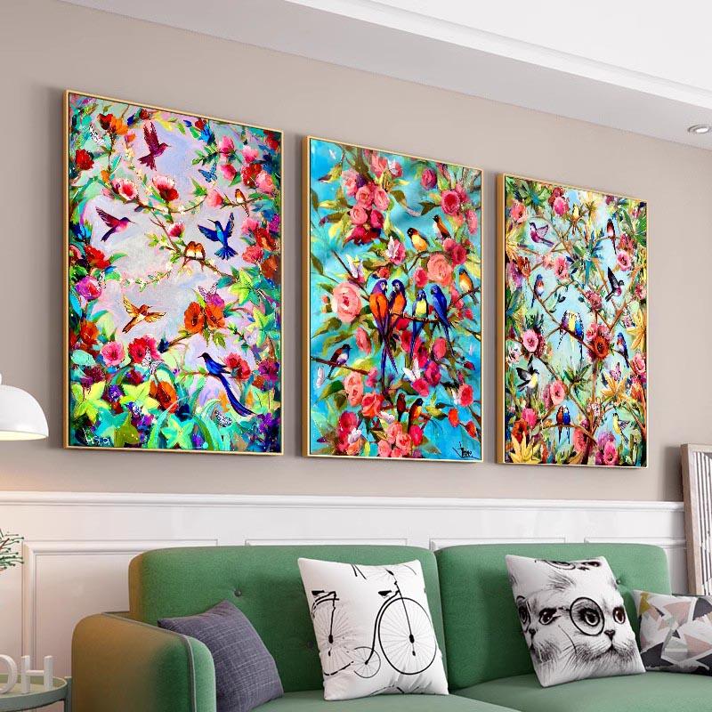 Flower and Bird Oil Painting Wall Art Paradise Song Poster Plant Image for Home Decoration