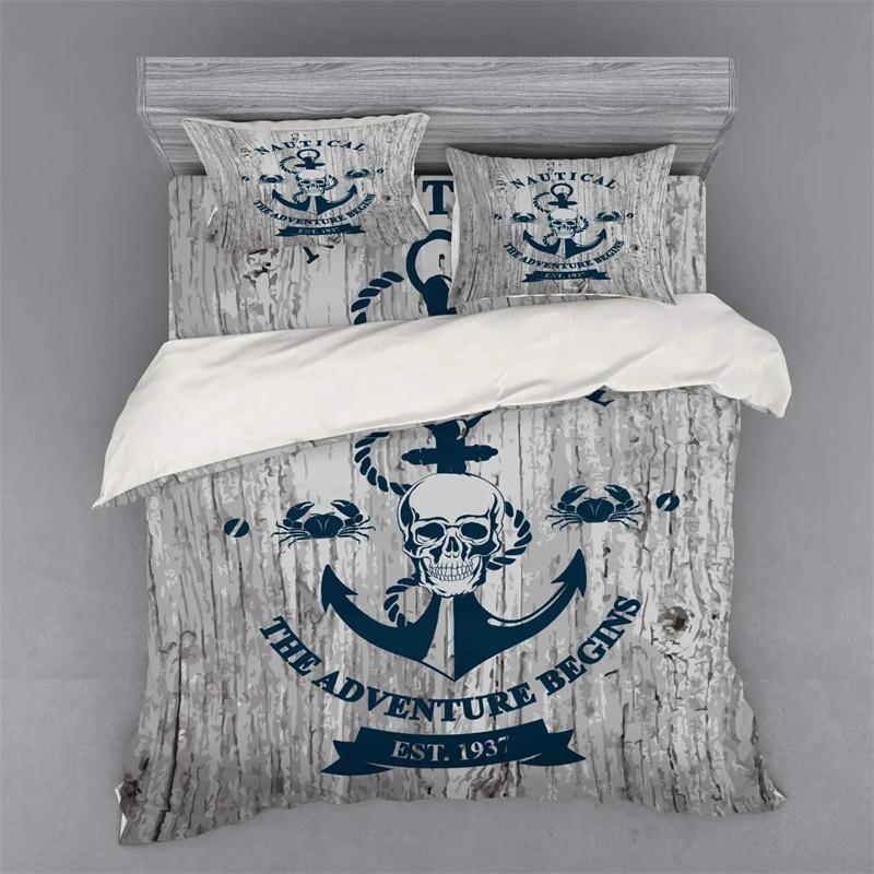 Nautical Bedding Collection Ocean Anchor Decor Duvet Cover Sailor Pirate Captain Sea Adventure Bedspread Cover For Kids Boys Navy Blue