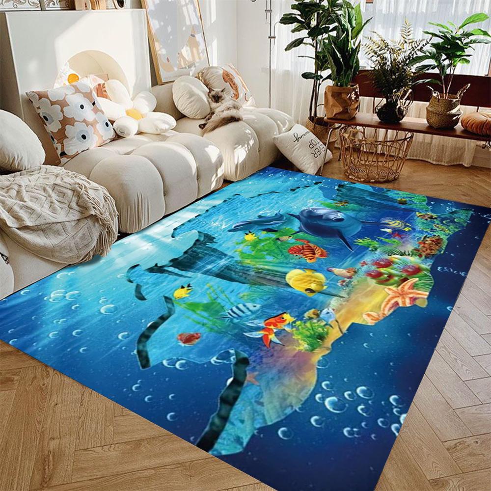 Large Dual Scene Ocean Area Rug Beach Sunset and Underwater World Living Room Bedroom Unique Decor Carpet Home Decoration Mat