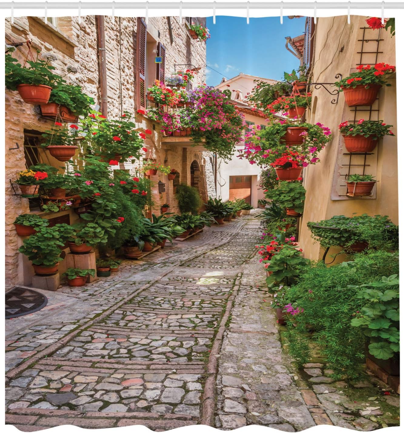 

Tuscan Street Shower Curtain with Hooks – Italian Village, Stone Path & Flower Pots, Sunny Mediterranean Decor, Ivory Green 90x180cm35x71in
