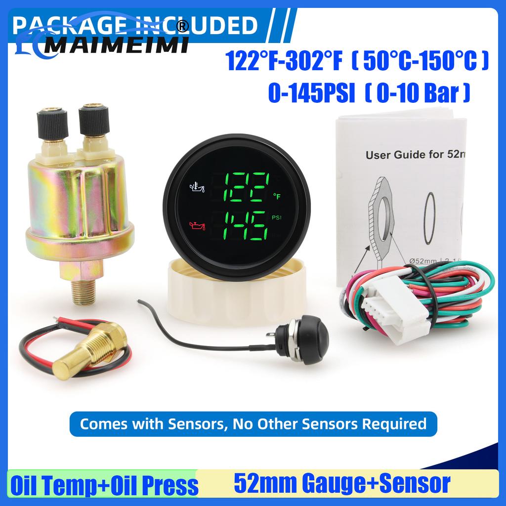MAIMEIMI Red Green LED Digital Dual 52MM Gauge 50-150℃,122-382℉,0-10BAR,0-145PSI Oil Temp+Oil Pressure Gauge with Sensor Alarm