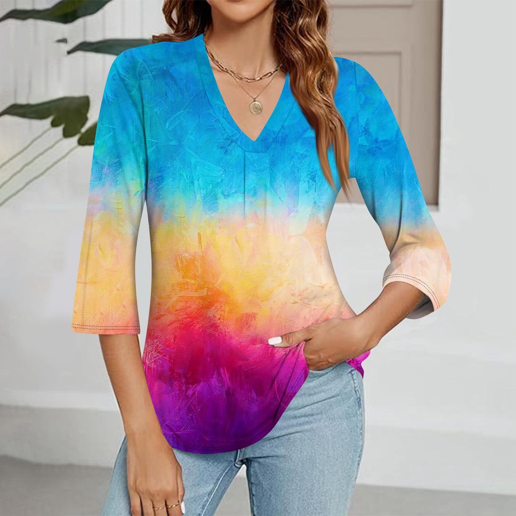 Modisches Oberteil mit V-Ausschnitt, Farbverlauf-Print und Dreiviertelärmeln für Damen