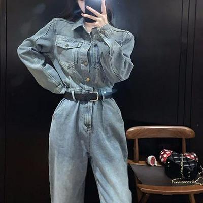 Women's Spring 2026 Hong Kong Retro Denim Jumpsuit - Casual Workwear Style