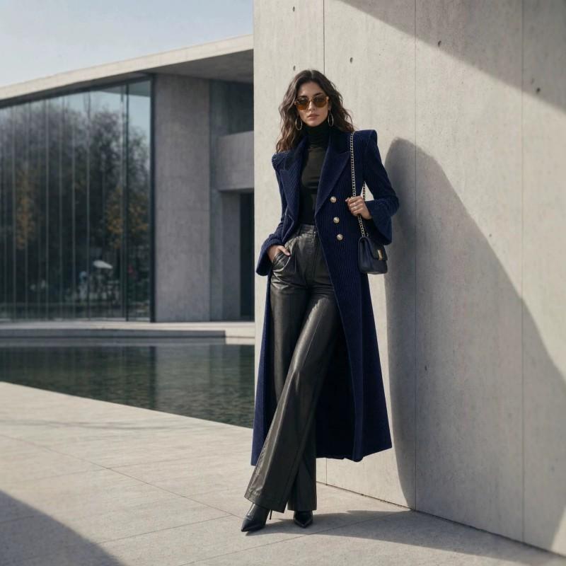 TK Womens Vintage Navy Corduroy Double Breasted Long Coat Fall 2026