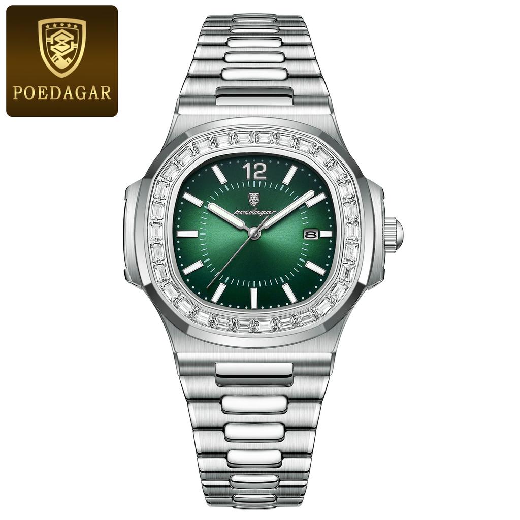 POEDAGAR Luxury Man Quartz Watch Square Watch for Men Waterproof Luminous Date Stainless Steel Watches Sports Clock reloj