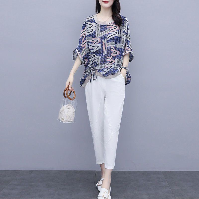 2 Piece Sets Women Casual Tops and Pants Summer Simple Style Vintage Embroidery Loose Female Suit
