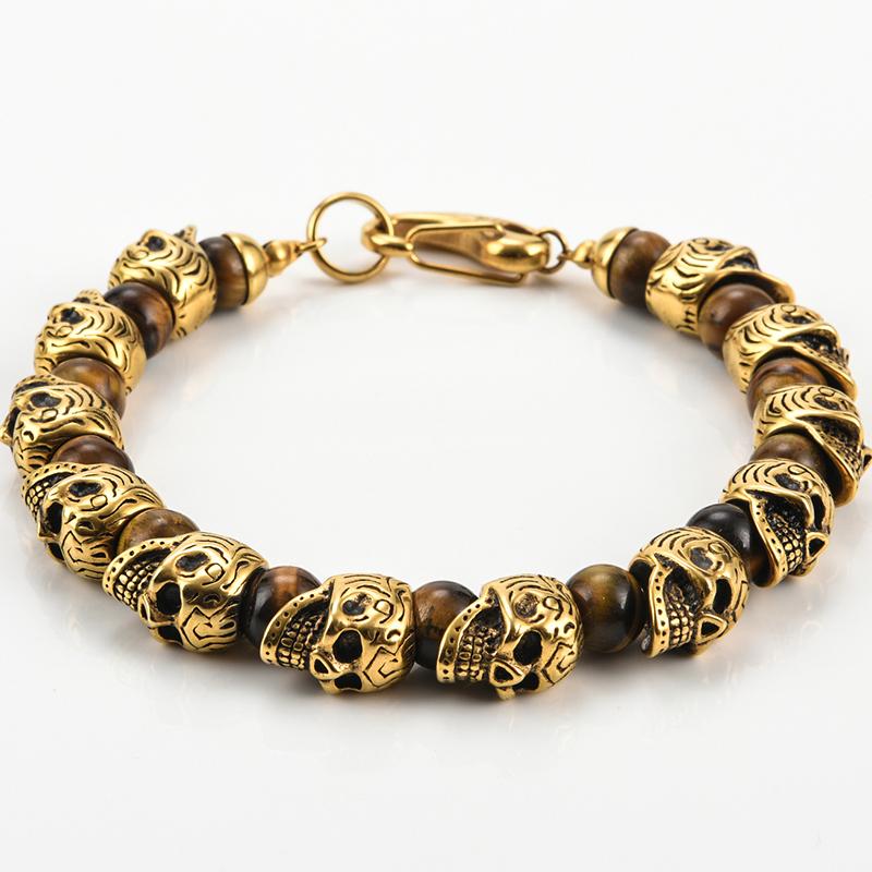 

Винтажный браслет из нержавеющей стали с черепом, мужской, 8 мм, натуральный камень тигровый глаз, мужские браслеты с бусинами, хип-хоп, панк-рок, ювелирные изделия для лучших друзей 21CM