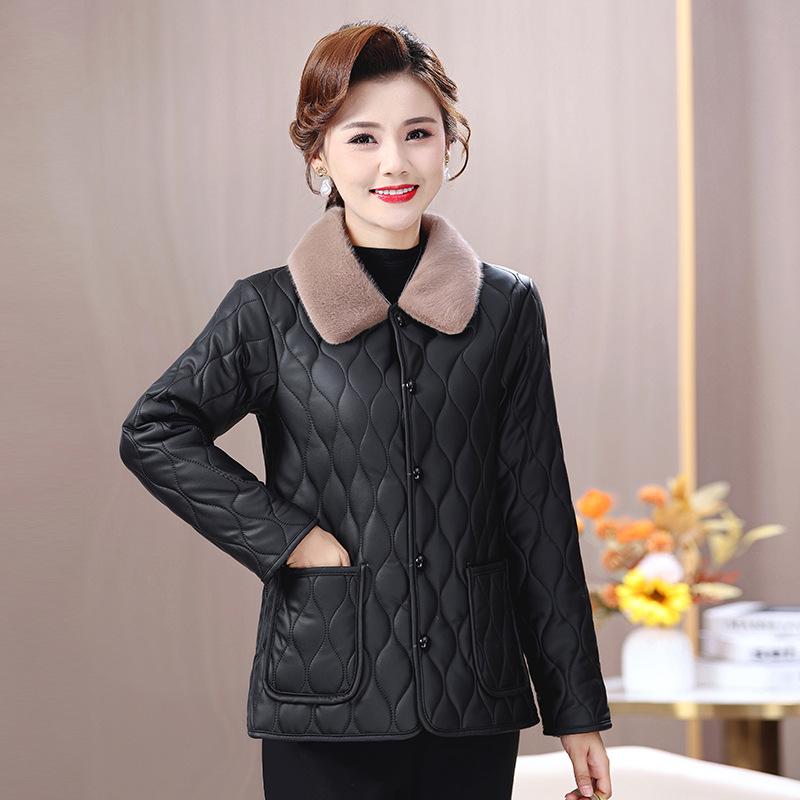 Chic Winter Fleece-lined Coat for Middle-aged & Elderly Women - Fashionable Leather-Feel, Loose Fit Top