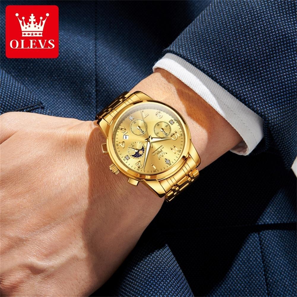 OLEVS Mulitifunction Quartz Watch for Men Original Stainless Steel Waterproof Luminous Chronograph Moon Phase Man Watch