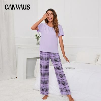 Dam sommar enfärgad rund hals tryck avslappnad hemmakläder pyjamasset i stora storlekar