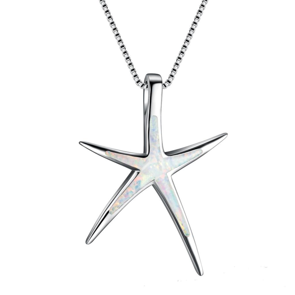 Fashion Women Ocean Starfish Pendant Necklace Featuring Vibrant Blue Green And White Fire Opal Stones