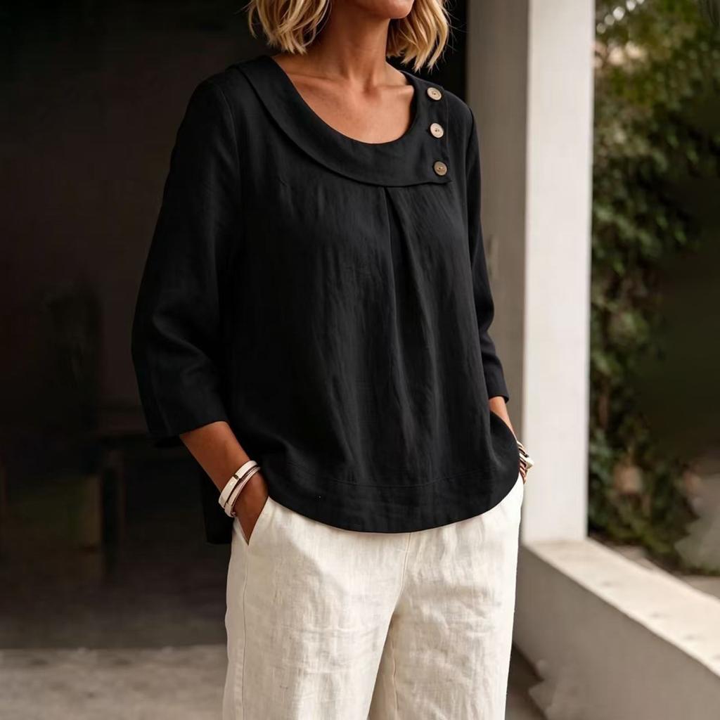 Women's Casual Linen Top with Round Neck and Three-Quarter Sleeves for Work and Daily Wear