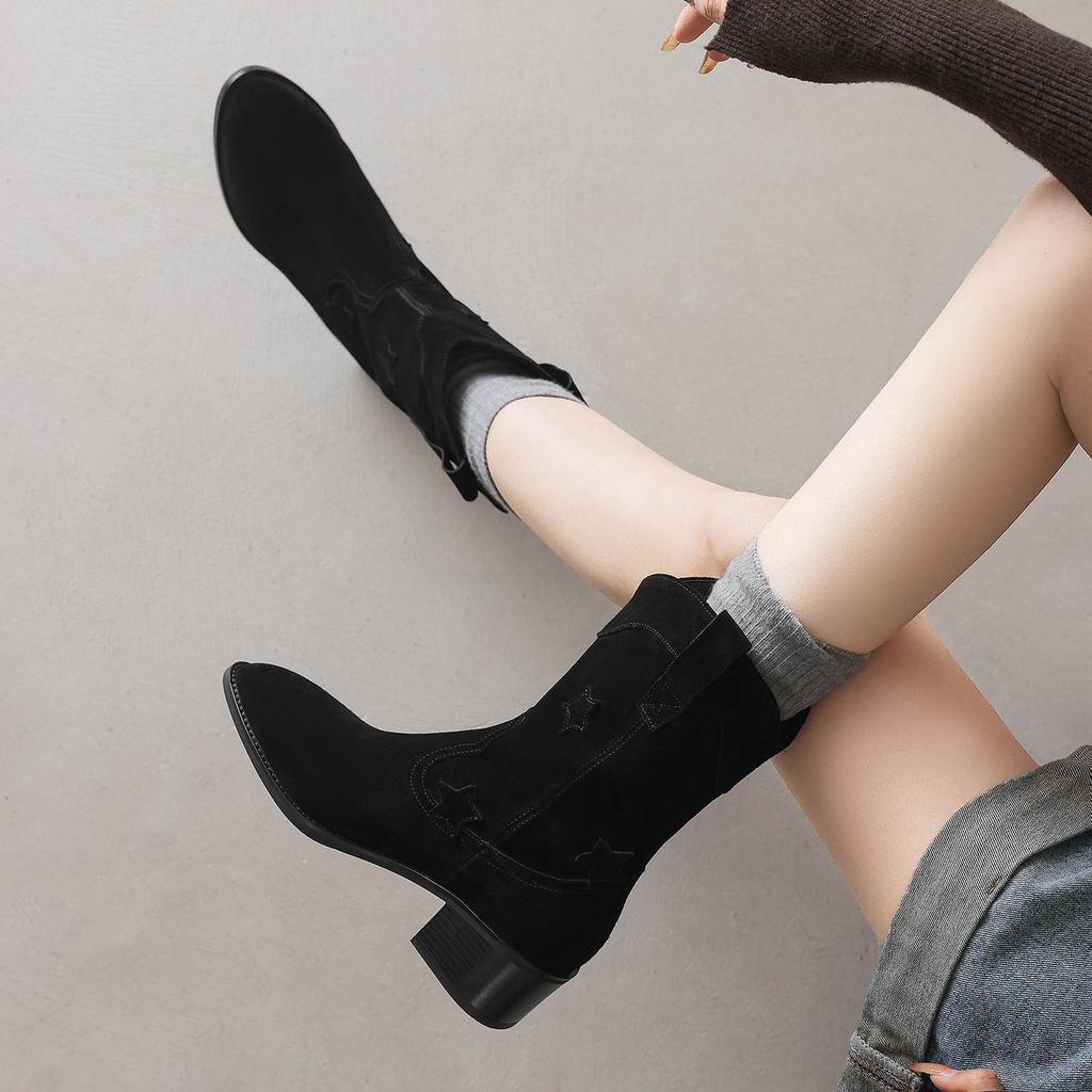 Krazing Pot Cow Suede Nubuck Winter Round Toe Modern Boots Med Heels Slip On Five-Star Decoration Women Mid-calf Boots