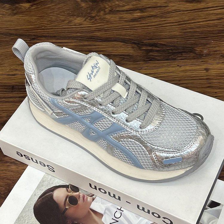 Versatile mesh breathable running shoes summer new lightweight soft sole soft leather thick sole heightening shoes women's