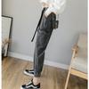 2022 Loose Hip Hop Leisure Korean Womens Pants Punk Pockets Jeans High Elastic Waist Button Harem Harajuku Denim Causal Cargo