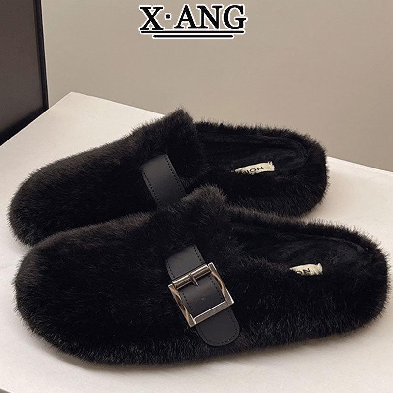 Premium mink hair thick-soled fluffy slippers women wear autumn and winter new fluffy shoes bag head cotton slippers