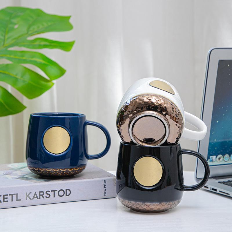 1pcs 420ml New Ceramic Cup Copper Flake Fish Scale Mug Large Capacity Coffee Office Gift Can Be Customized with Name and Logo