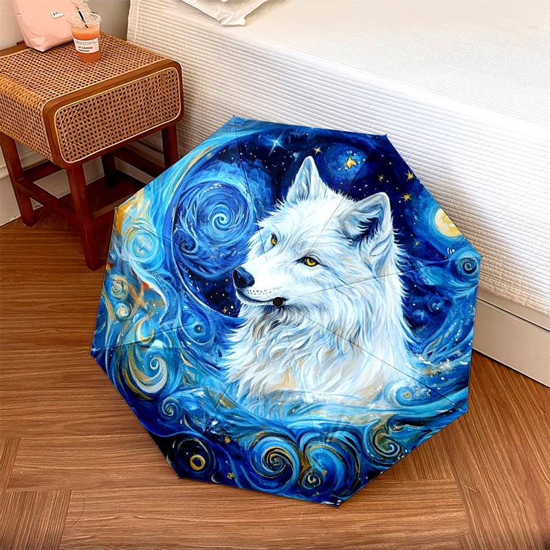 1 Stück Automatischer Faltregenschirm - Weißes Wolfsmuster, Tragbares & Faltbares Design mit 8 Speichen, Weihnachts-Geburtstagsgeschenke