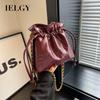 Soft Leather Drawstring Bucket Bag Retro Chain Shoulder Crossbody Fashion Embroidery Thread Pouch