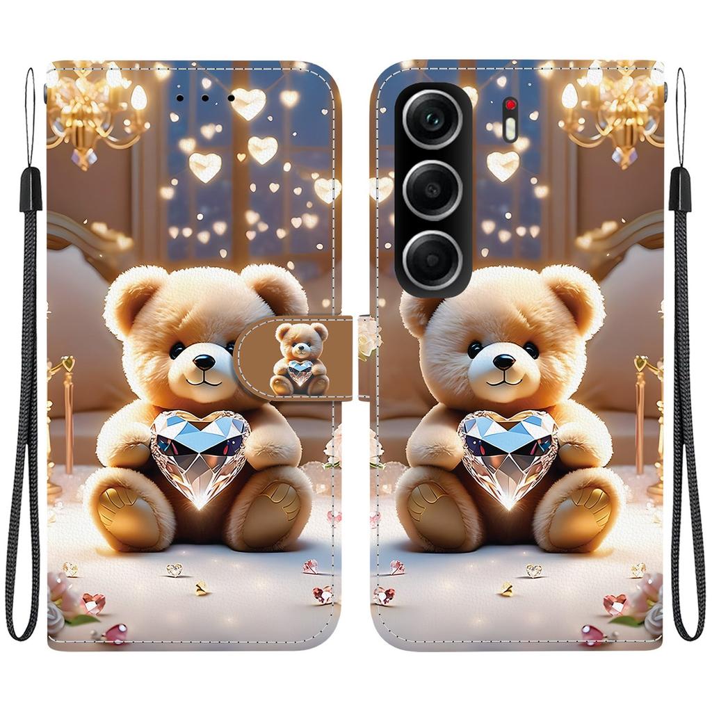 Handgefertigte PU-Leder-Klapphülle für Tecno Camon 40, rutschfeste, stoßfeste Hülle mit Handschlaufe und Herz-/Rosen-/Katzen-Designs