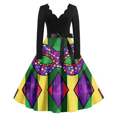 Women's Casual Fashion V Neck Long Sleeve Printed Vintage Long Dress
