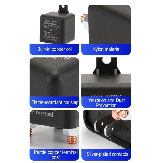 Automotive Relay Wireless Remote Control 200A 12V Battery Disconnect Switch with Waterproof Shell Copper Terminals