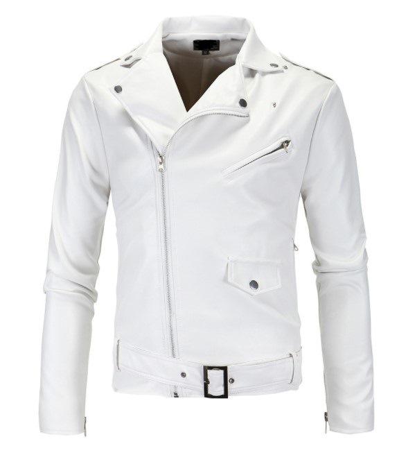 New men's locomotive slim-fitting leather jacket, stand-up collar cut oblique zipper, white leather jacket, leather jacket PY