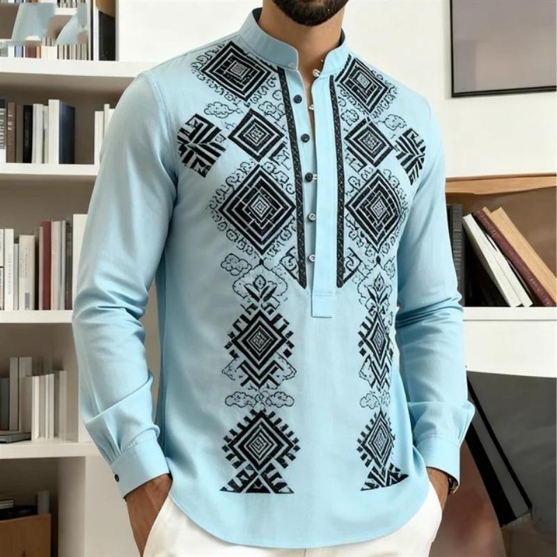 Men Geometric Ethnic Print Stand Collar Long Sleeve Shirt