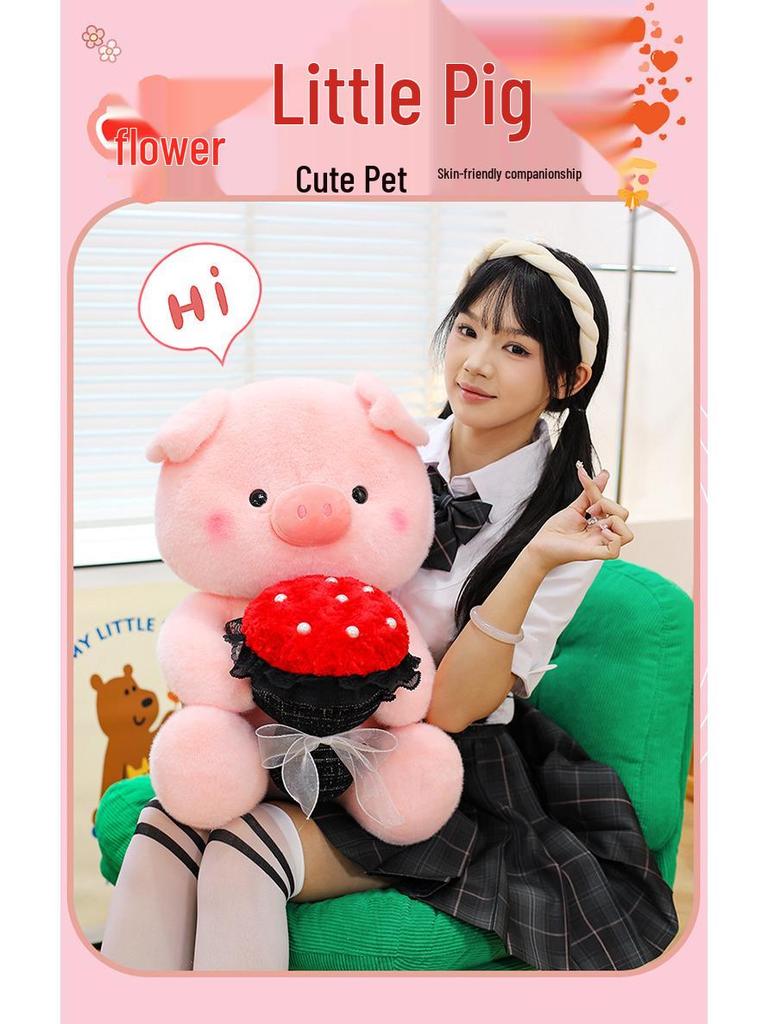 Large Plush Pig Doll - Cute Stuffed Animal Gift for Girlfriend, Valentine's Day, or Birthday - Pig Holding a Flower