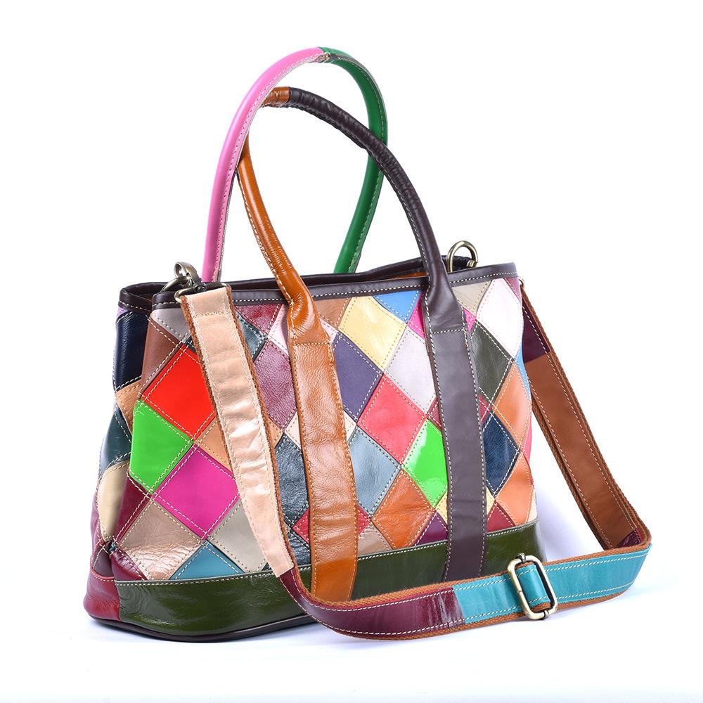 Leather Tote Bag First Layer Cowhide Checkered Splicing Women'S Bag Contrasting Bag Women'S Fashion Handbag Shoulder Messenger Bag