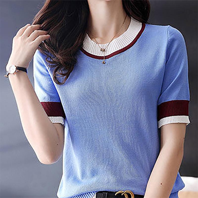 Summer Casual Fashion Patchwork Knitted Top Women Short Sleeve Loose All-match Tee Female Slim T-shirt