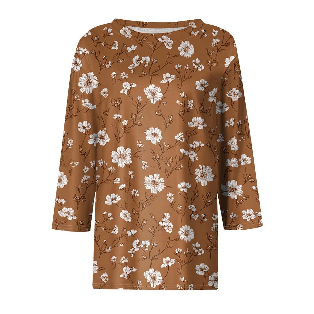 Dámské módní ležérní tričko s kulatým výstřihem, květinovým potiskem a tříčtvrtečními rukávy
