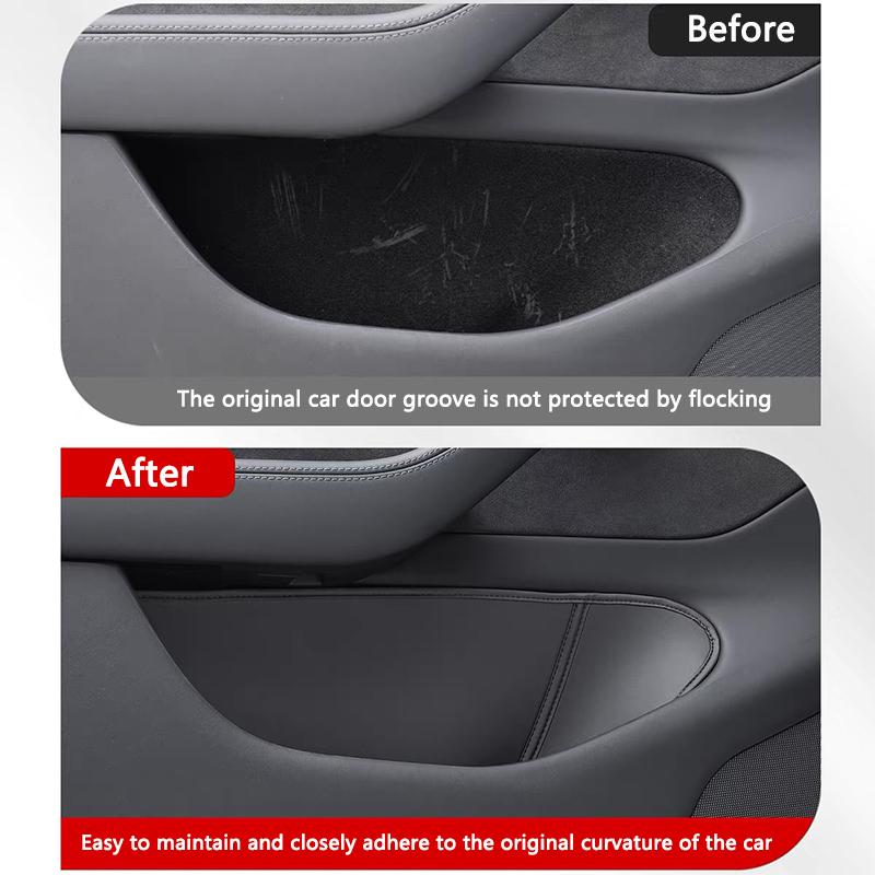 Car Door Side Storage Box For Tesla Model Y Juniper Leather Full Cover Front Rear Door Handel Pocket Organizer Tray Accessories